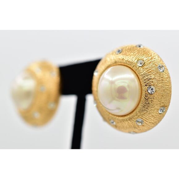 Christian Dior Vintage Starlight Crystal Earrings Chunky Dome Gold Signed Bin1 - Picture 2 of 12